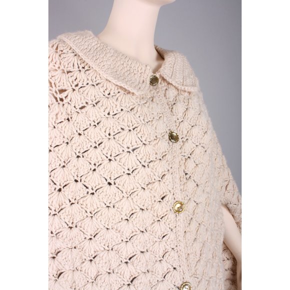 Vintage 60s Crochet Sweater Knit Fringe Poncho - Picture 6 of 6